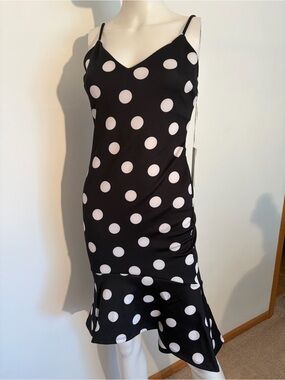 #985 Iris Basic Nrand New With Tags, Black High/low Dress with White Polka Dots